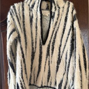 Anthropologie Fuzzy Black and White V-Neck Sweater